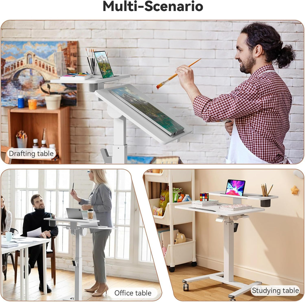 28Inch Mobile Standing Desk On Wheels， Rolling Laptop Stand with Tiltable Desktop， Small Computer Workstation Adjustable Height， 2-Tier Portable Study Table with Storage Shelves， White