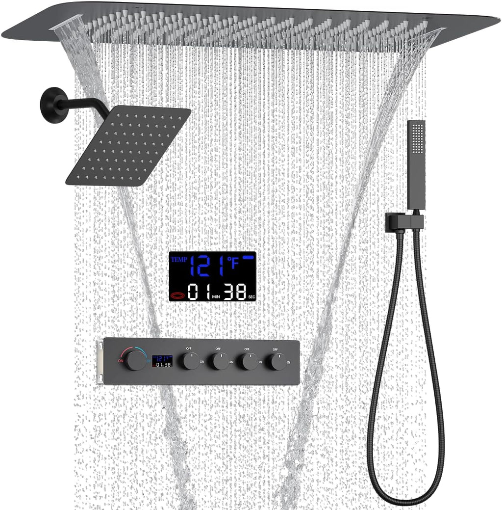 AYIVG Matte Black 4 Function Dual Shower Head System 16 X 24 Inch Rainfall Waterfall And 8 Inch Wall Mount With Handheld shower head Digital Display Shower Valve Set