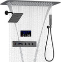 AYIVG Matte Black 4 Function Dual Shower Head System 16 X 24 Inch Rainfall Waterfall And 8 Inch Wall Mount With Handheld shower head Digital Display Shower Valve Set