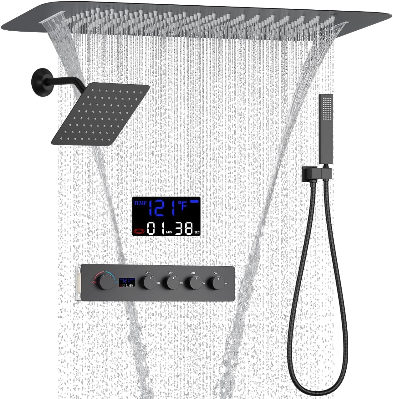 AYIVG Matte Black 4 Function Dual Shower Head System 16 X 24 Inch Rainfall Waterfall And 8 Inch Wall Mount With Handheld shower head Digital Display Shower Valve Set