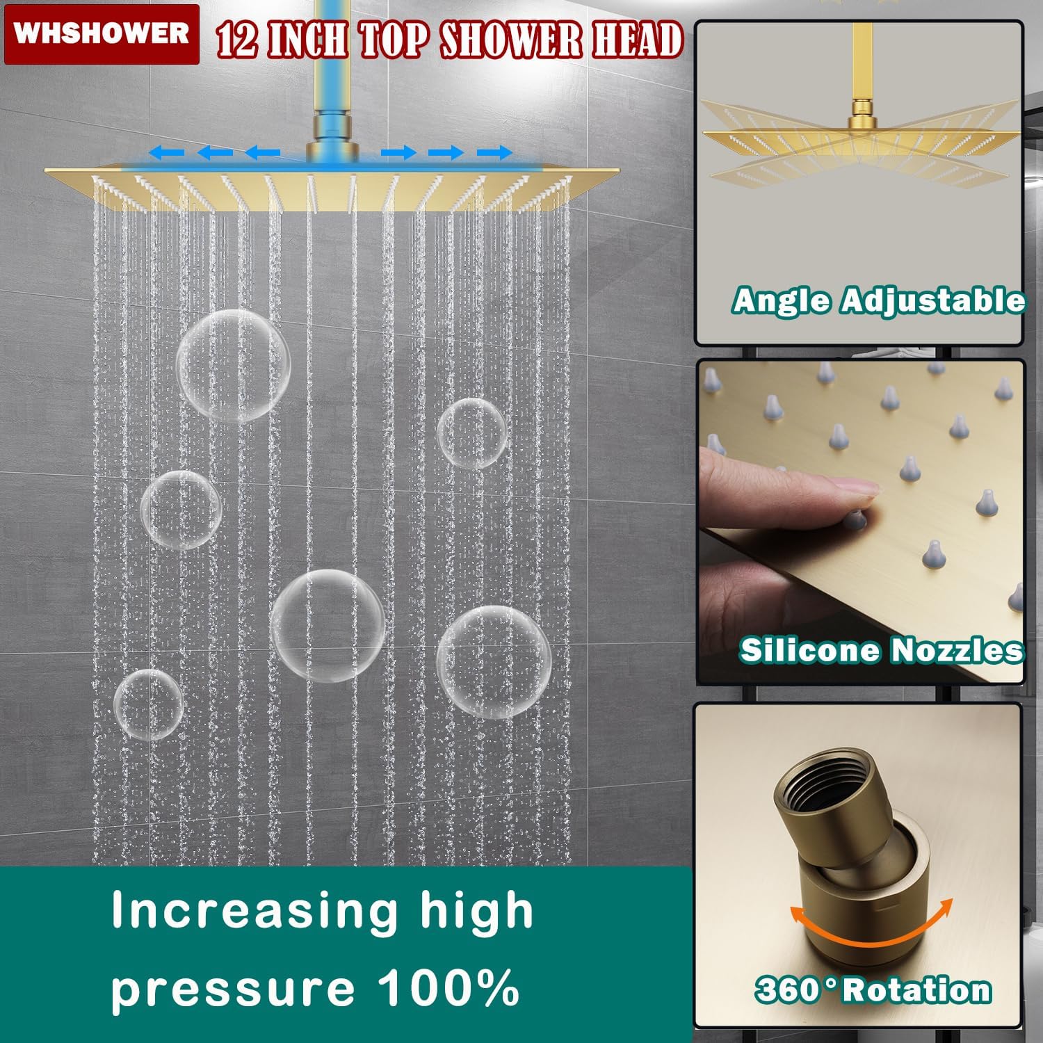 Brushed Gold Triple Shower Heads Shower System with 12'+8'+8' Top Shower Heads, Digital Display Shower Valve, Body Jets and Handheld Shower,Full Body Shower System
