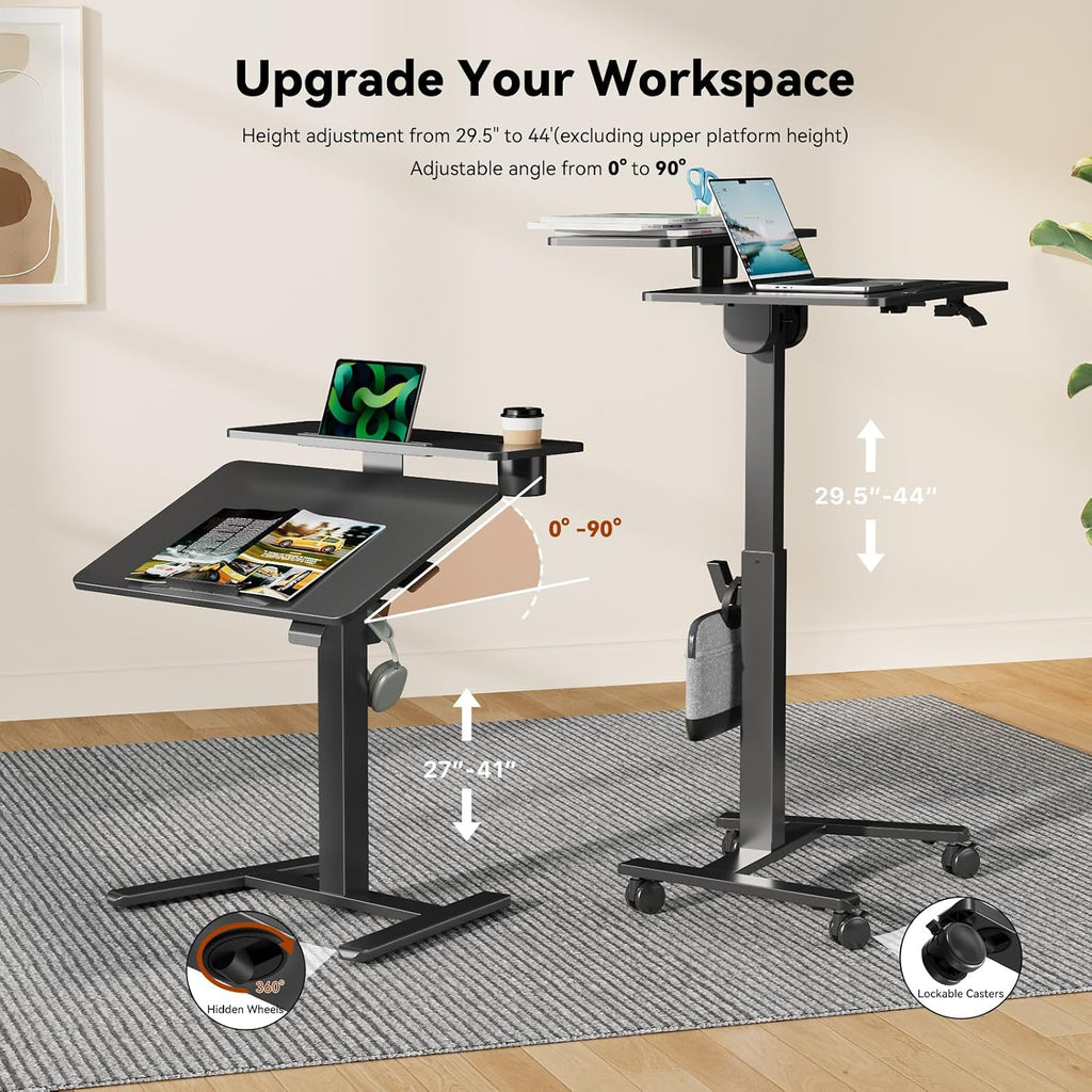 28Inch Rolling Standing Desk On Wheels， Small Computer Workstation Adjustable Height， Mobile Laptop Stand with Tiltable Desktop， 2-Tier Portable Study Table with Storage Shelves， Black