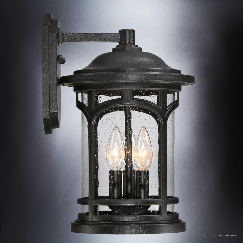 Urban Ambiance Luxury Rustic Outdoor Wall Light, Medium Size: 14.5' H x 9' W, with Colonial Style Elements, Wrought Iron Design, High-End Black Silk Finish and Seeded Glass, UQL1102