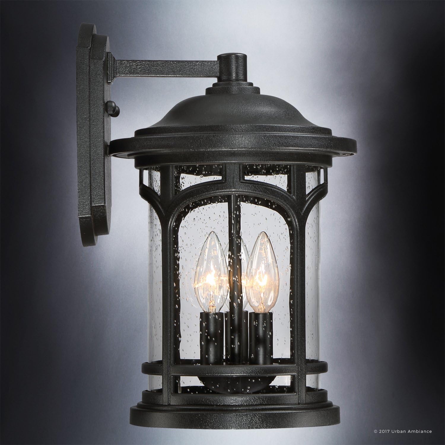 Urban Ambiance Luxury Rustic Outdoor Wall Light, Medium Size: 14.5' H x 9' W, with Colonial Style Elements, Wrought Iron Design, High-End Black Silk Finish and Seeded Glass, UQL1102