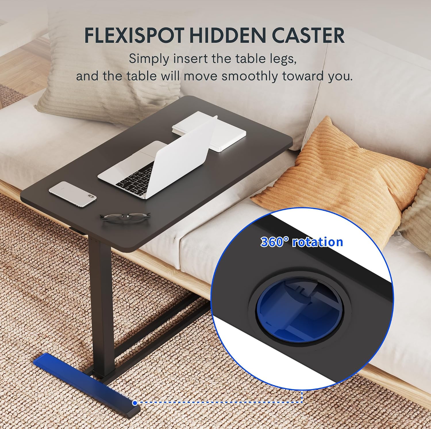 FLEXISPOT Height Adjustable C Table with Wheels, Mobile Snack Side End Table Sofa Couch Bedside Table Laptop Rolling Cart TV Tray Night Stand Small Space Side Table,(27.6' W x 15.7' D,Black)