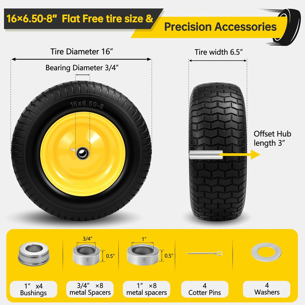 2Pcs 16×6.50-8 Tire and Wheel with 1 Inch Axle, Flat Free 16x6.5-8 Lawn Mower Tire, with 3/4' Bearing & 1' Bushing, 3-5' Offset Hub, for Lawn&Garden Riding Tractors Front Assembly Replacement, 550lbs
