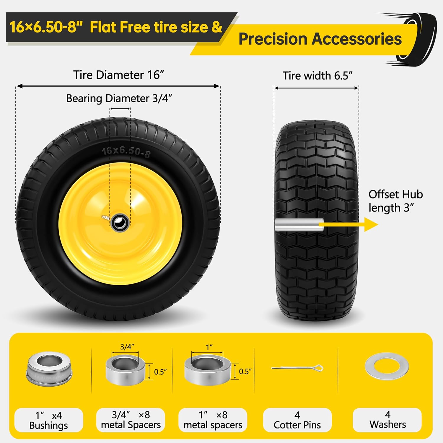 2Pcs 16×6.50-8 Tire and Wheel with 1 Inch Axle, Flat Free 16x6.5-8 Lawn Mower Tire, with 3/4' Bearing & 1' Bushing, 3-5' Offset Hub, for Lawn&Garden Riding Tractors Front Assembly Replacement, 550lbs