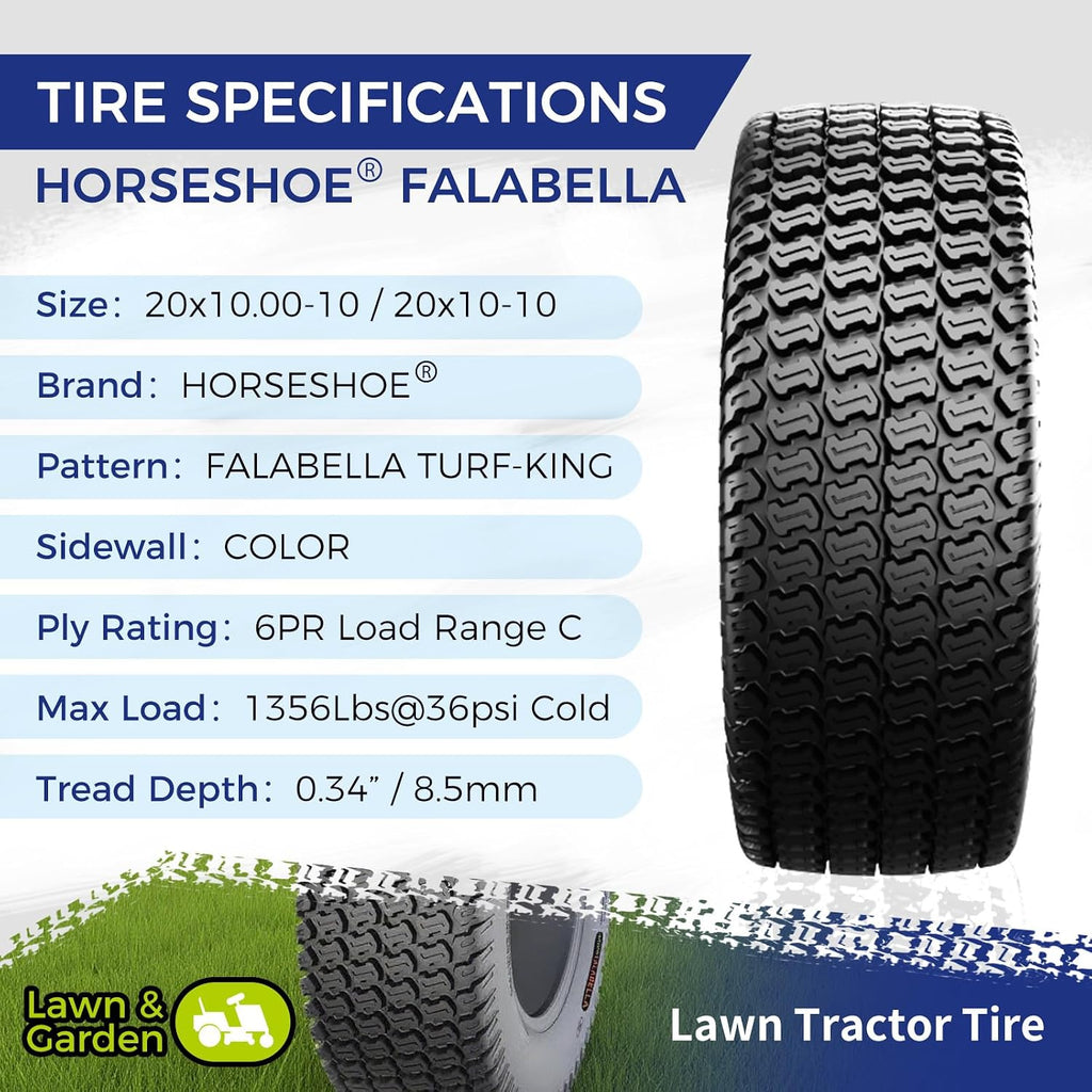 HORSESHOE FALABELLA 2 NEW 20x10.00-10 / 20x10-10 6PR T198 TURF-KING LAWN MOWER TIRES 20100010 LRC Heavy Duty Color-Sidewall (20x10.00-10 6Ply)