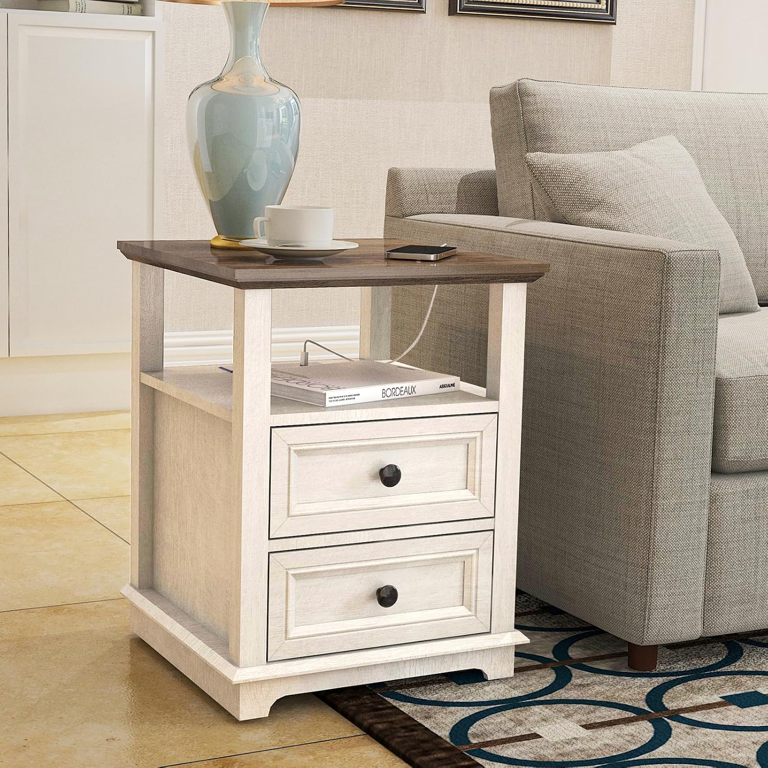 REDAYFUR 18' Wide End Table with Fast Charging Station Set of 2, 18' Wide Sofa End Table with Drawers,Storage Rustic Wood Storage Cabinet,Sofa Table for Living Room,White