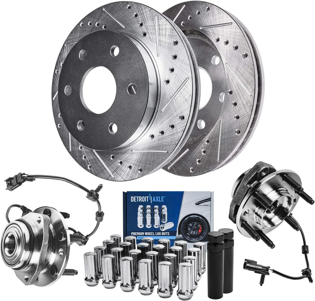 Detroit Axle - Front Wheel Bearing Hubs Brake Rotors Kit for Chevy Trailblazer SSR GMC Envoy XL Buick Rainier Isuzu Ascender Saab 9-7X, 12.8' inch Brake Rotors Wheel Bearing Hubs Lug Nuts Replacement