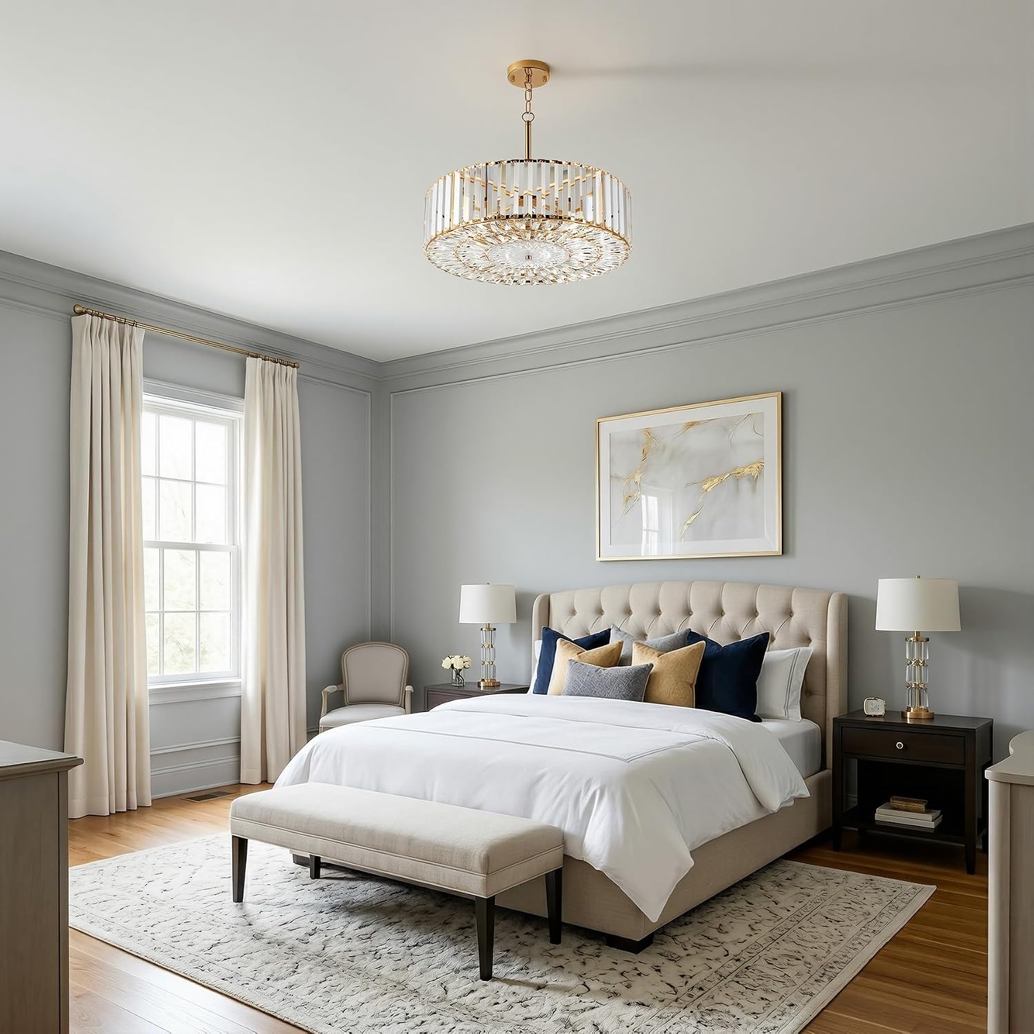 VONLUCE Cystal Ceiling Light Fixture, 6-Light Semi Flush Ceiling Light with Crystal Prisms, 21 in. Chandelier for Dining Room Bedroom Entryway, Kitchen, Gold Metal Canopy, ETL Certificated