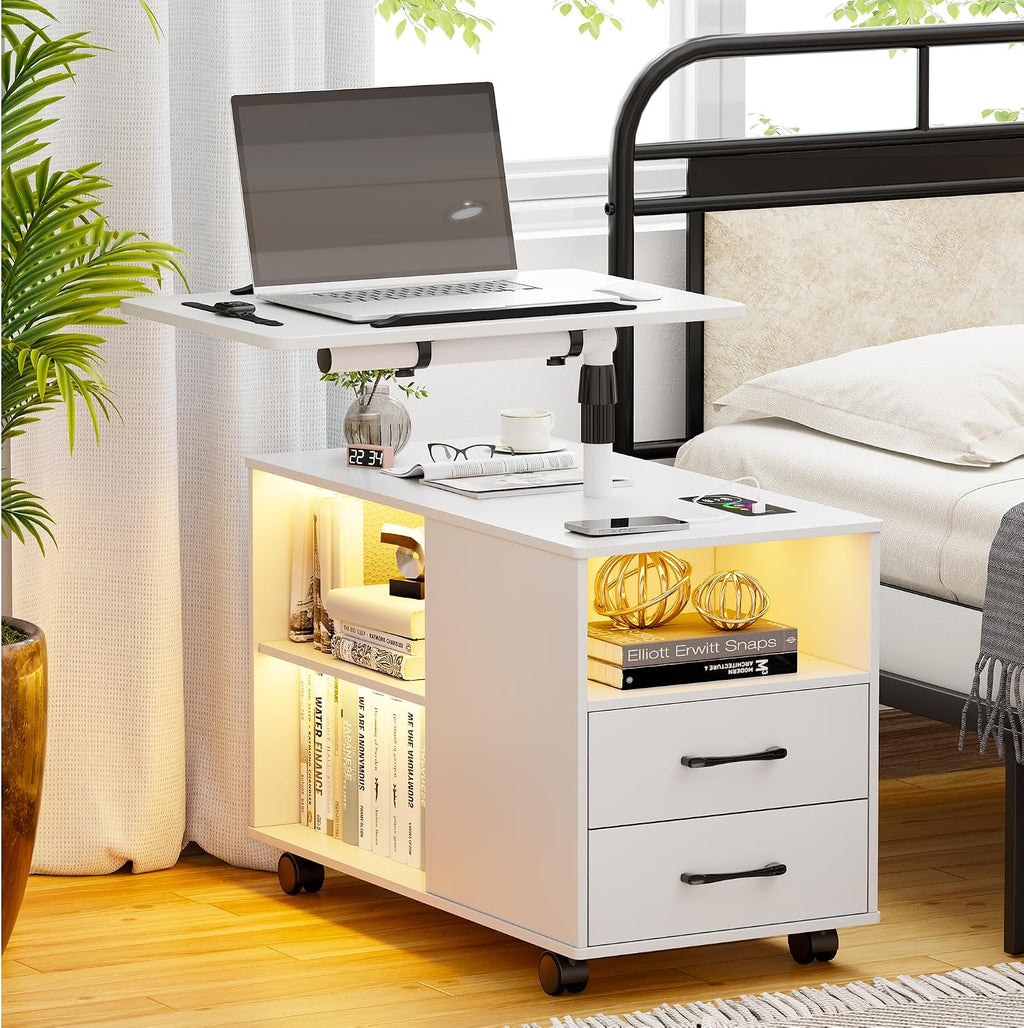 Smart Night Stand with 360° Laptop Tray, RGB Nightstand with Charging Station,Modern Bedside Table with 24-Color Human Sensor Lights,Large End Table w/ 2 Drawers,3 Shelves,5 Wheels,White