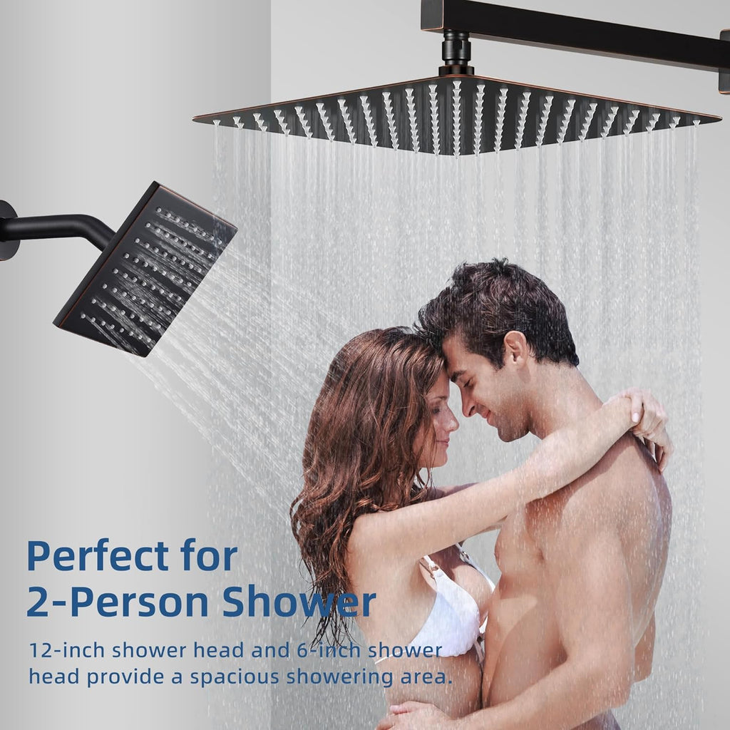 Oil Rubbed Bronze Thermostatic Shower System with Wall Mount 12-Inch Rainfall Shower & 6-Inch High Pressure Shower Head, Dual Shower Heads Set with Handheld Sprayer, Full Shower Faucet Combo