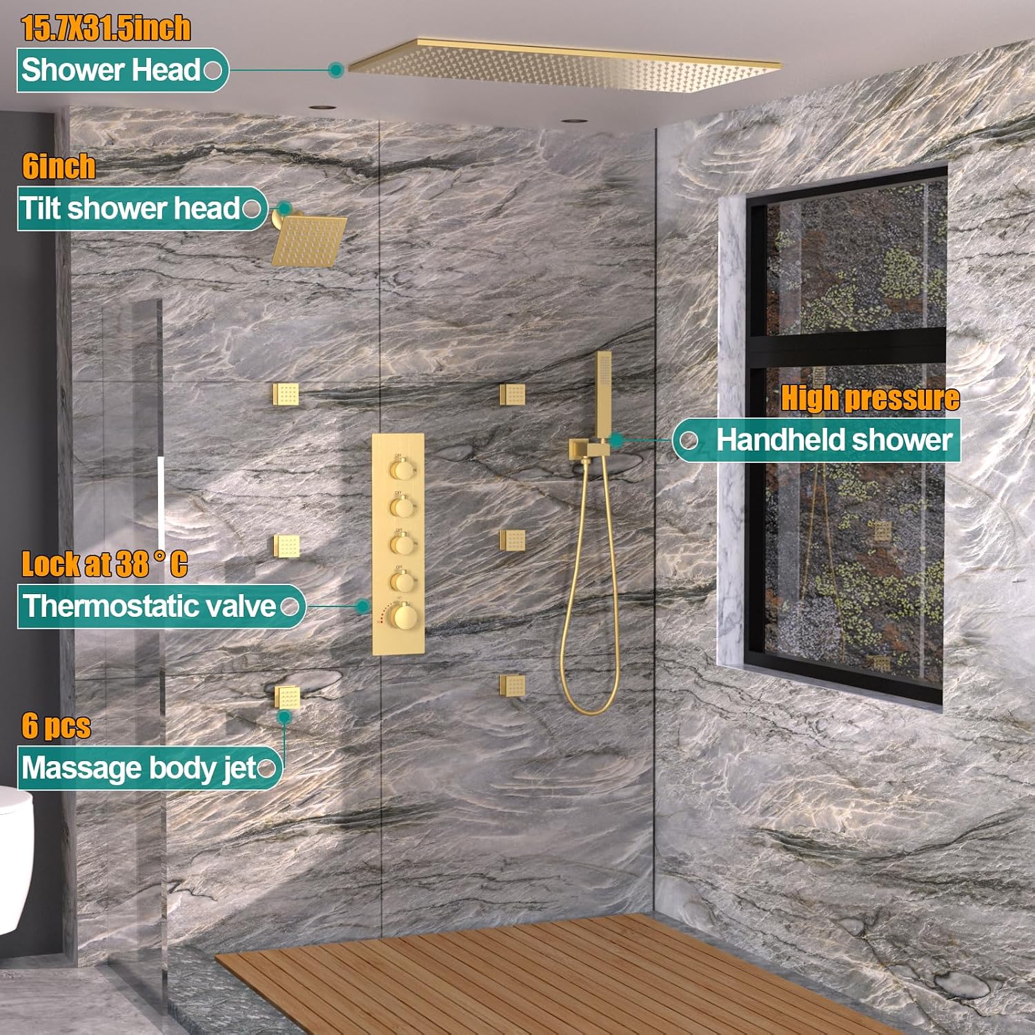 HOMEDEC 15.7x31.5' Rainfall and 6' Dual Shower Heads with Handheld Spray Combo, Full Body Shower System with 6pcs Body Jets, Brushed Gold