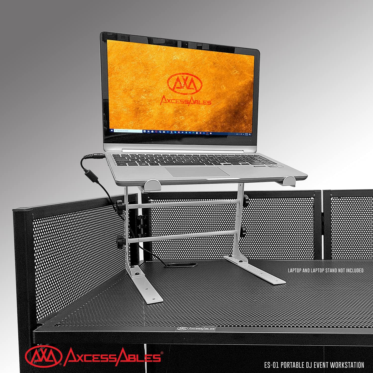 AxcessAbles Portable DJ Facade Booth with Black and White Lighting Scrims, Carry Cases | Standing DJ Table - 40' x 20' | DJ Controller Stand | Recording Mixer Stand | DJ Booth (ES-01)