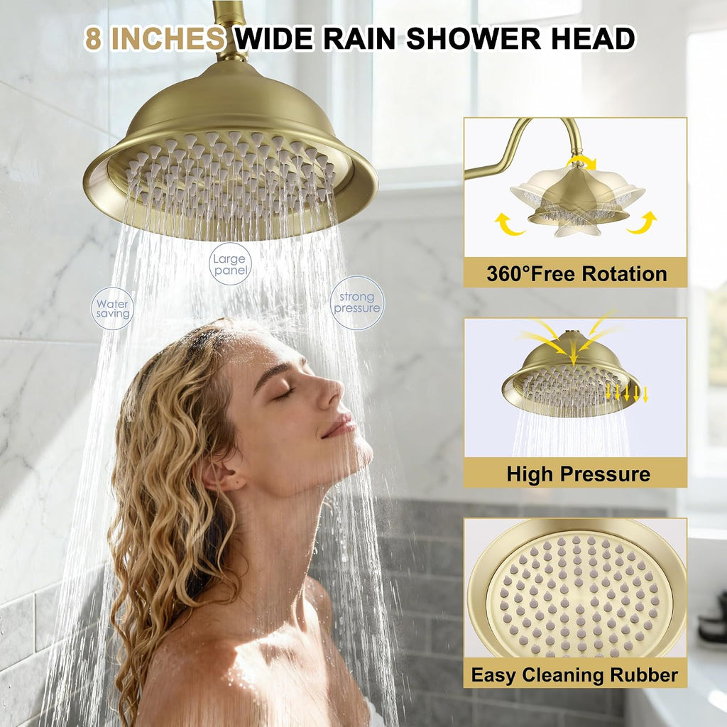 Exposed Shower System Brushed Gold,Antique Brass Shower Faucet with 8 Inches Rainfall Shower Head,Vintage Outdoor Shower Fixture with Foldable Tub Spout,Outdoor Shower Kit for Backyard Poolside