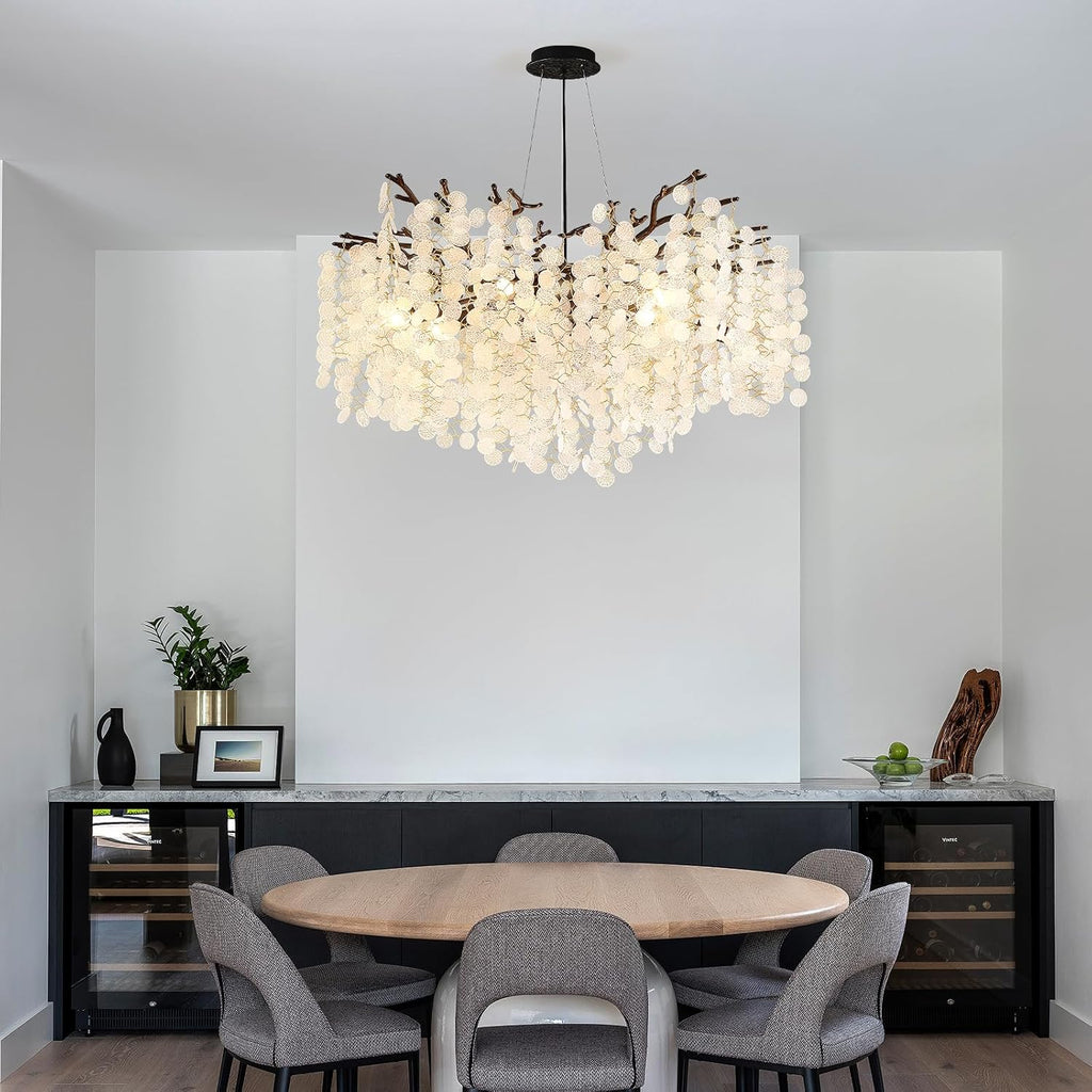 32 Inch Coastal Light Fixture, 10-Light Capiz Shell Chandelier, Modern Black Bedroom Chandeliers, Dining Room Foyer Lighting Fixtures, Boho Chandelier for Living Room Entryway
