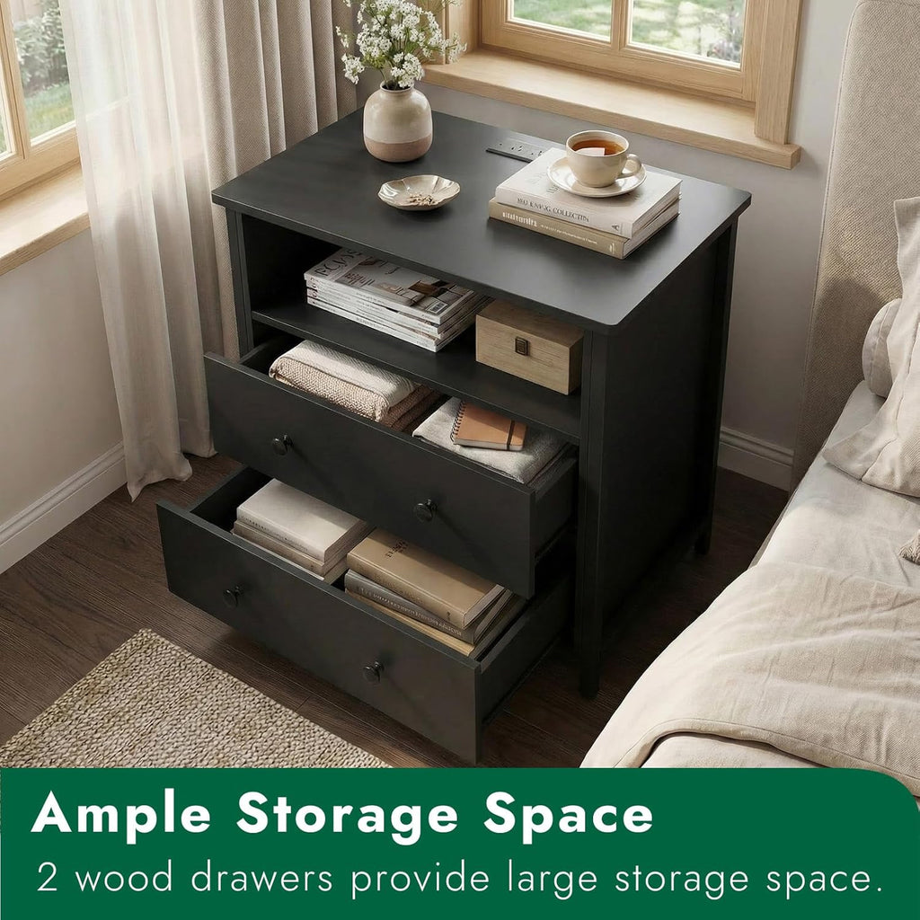 27 Inch Wide Night Stand, Large Wood Night Stand Set 2 with 2 Drawers, LED Nightstand with Charging Station and Adjustable Drawer, Bedside Table for Living Room/Bedroom/Study/Office, Black.