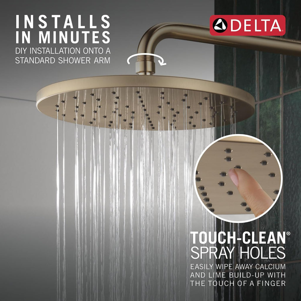 Delta Brushed Gold Rain Shower Head, 10 Inch Metal Large Shower Head Rainfall, Overhead Rain Showerhead, 1.75 GPM Flow Rate, Lumicoat Champagne Bronze 52162-CZ-PR