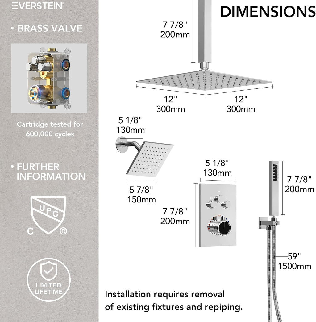 Ceiling Mount 12' High-Pressure Rainfall Shower Faucet, Dual Rainfall Shower Head System with Valve (Polished Chrome)