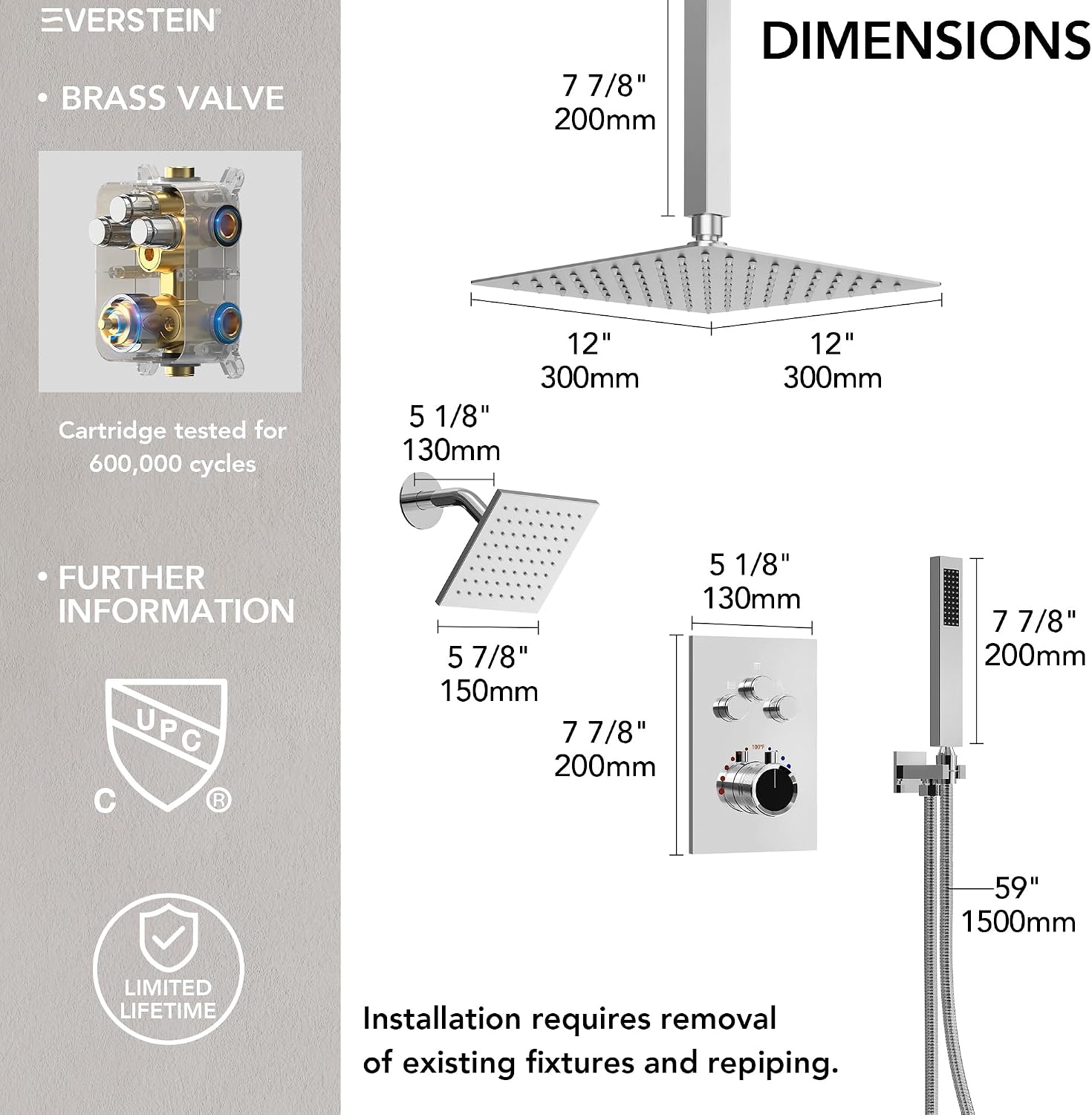 Ceiling Mount 12' High-Pressure Rainfall Shower Faucet, Dual Rainfall Shower Head System with Valve (Polished Chrome)