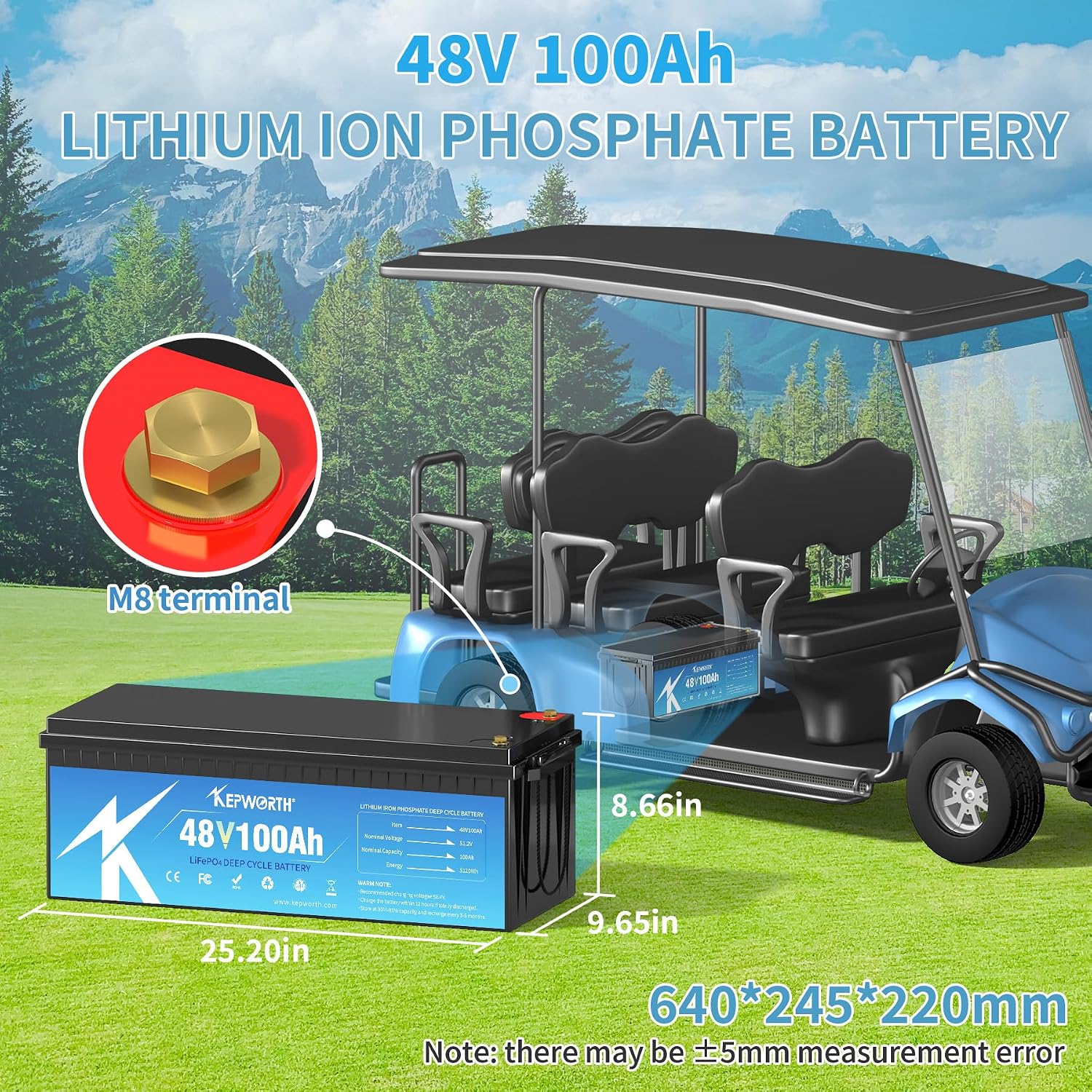 KEPWORTH 48V 100Ah LiFepo4 Battery, Deep Cycle Lithium Batteries with 200A Bluetooth BMS, 10 Years-Lifetime, Perfect for Golf Carts, Boat, Trolling Motor, Lawn Mower, Solar, Off-Grid Life