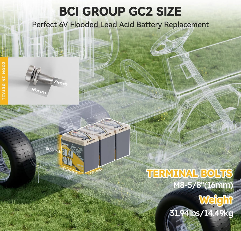 Power Queen 36V 45Ah Golf Cart Lithium Battery,GC2 Size LiFePO4 Battery with Bluetooth & Low-Temp Protection, 90A Smart BMS,Support Up to 2kW Motor,Max 3.45kW Output Power for Golf Carts