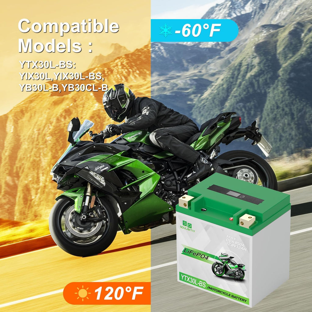 YTX30L-BS Lithium Motorcycle Battery, 12.8V 12AH 850 CCA LiFePO4 Motorcycle Battery, ATV, UTV, Jet Ski, Scooter, Lawn Mower, Tractor, Generator, Built-in Smart BMS