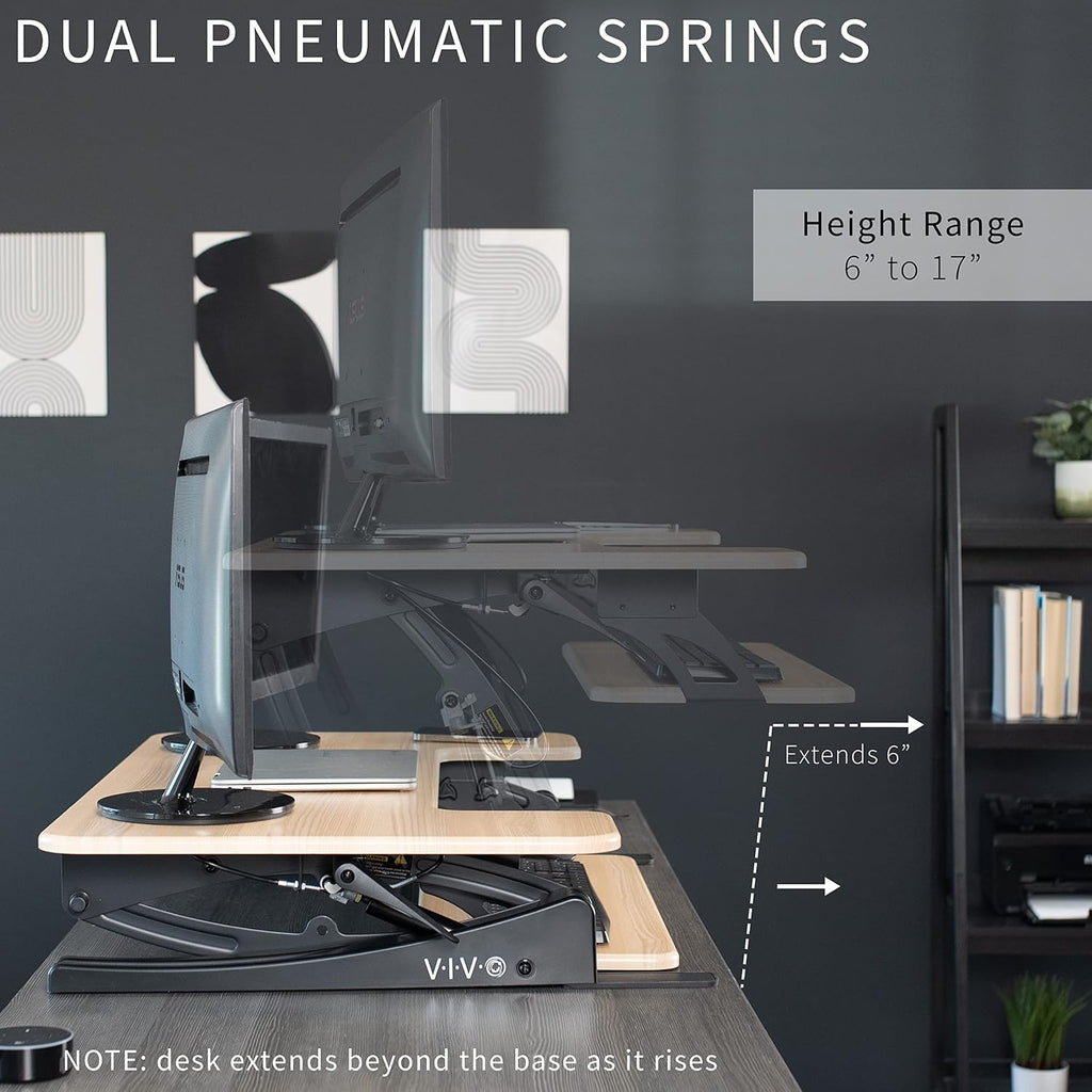 VIVO 42 inch Height Adjustable Stand Up Desk Converter, V Series, Quick Sit to Stand Tabletop Dual Monitor Riser Workstation, Light Wood Top, Black Frame, DESK-V000VLO