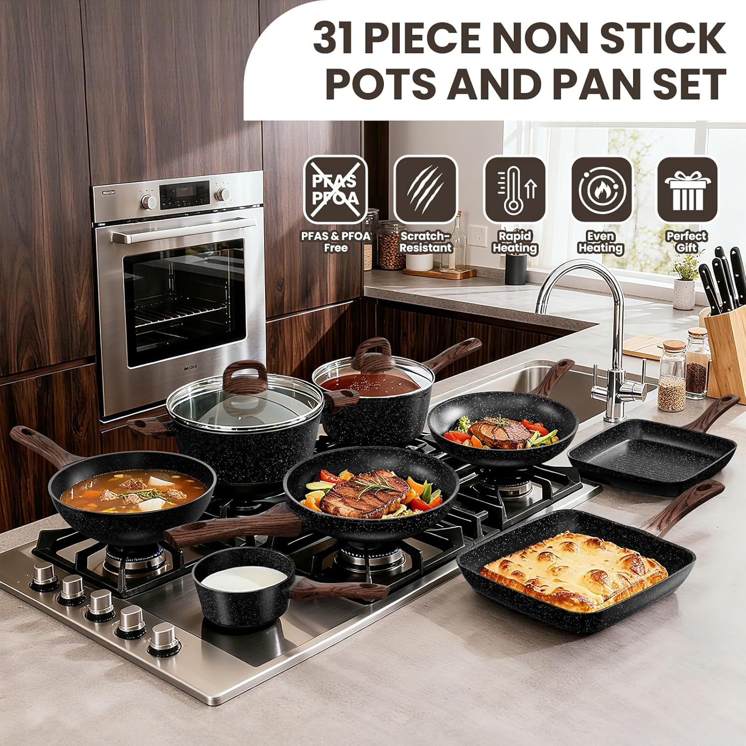 Pots and Pans Set Non Stick, 31 Piece Kitchen Induction Cookware & Bakeware Set, Nonstick Kitchen Cooking Pans Set with Frying Pans Set Grill Pan Saucepan Baking Sheet & Utensils, PFOA Free