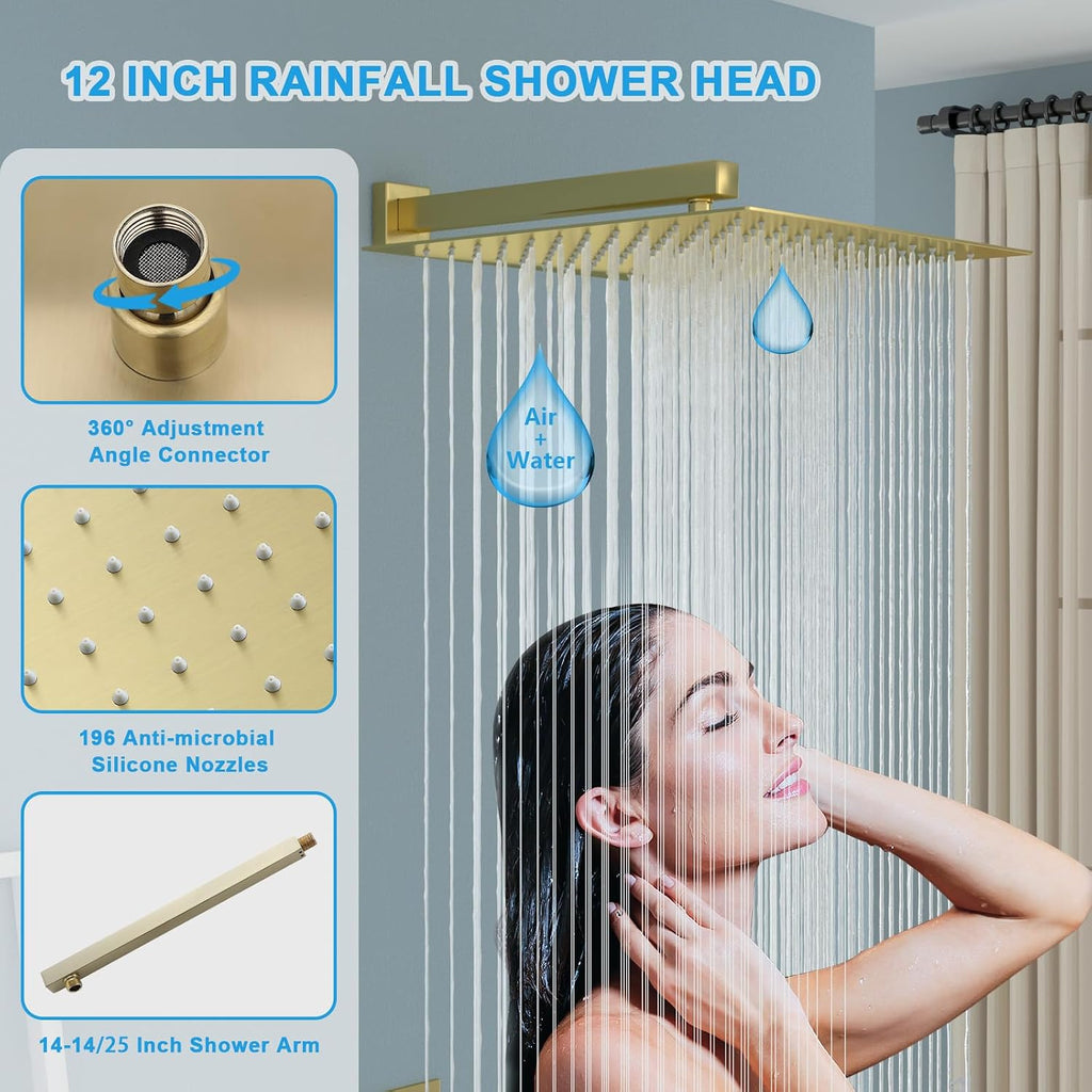 Lordear 12 Inch Rainfall Shower System Wall Mounted Shower Head Faucet Set Gold Brushed Stainless Steel Showerhead with Handheld Combo, Brass Valve Included