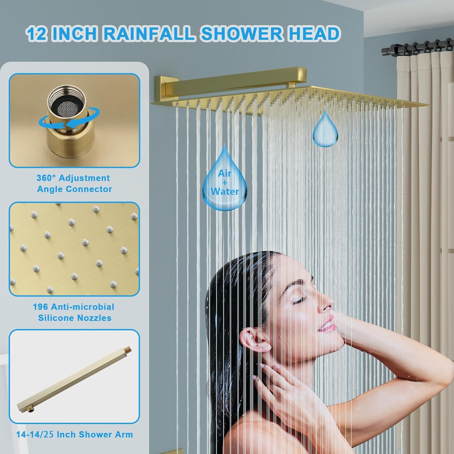 Lordear 12 Inch Rainfall Shower System Wall Mounted Shower Head Faucet Set Gold Brushed Stainless Steel Showerhead with Handheld Combo, Brass Valve Included