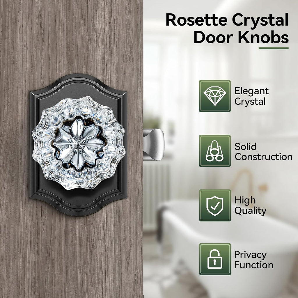 Glass Door Knobs Interior, 6 Pack Crystal Door Knobs with Lock for Privacy Use, Black Glass Door Knobs for Interior Bedroom Bathroom, Vintage Glass Crystal Door Knob Set