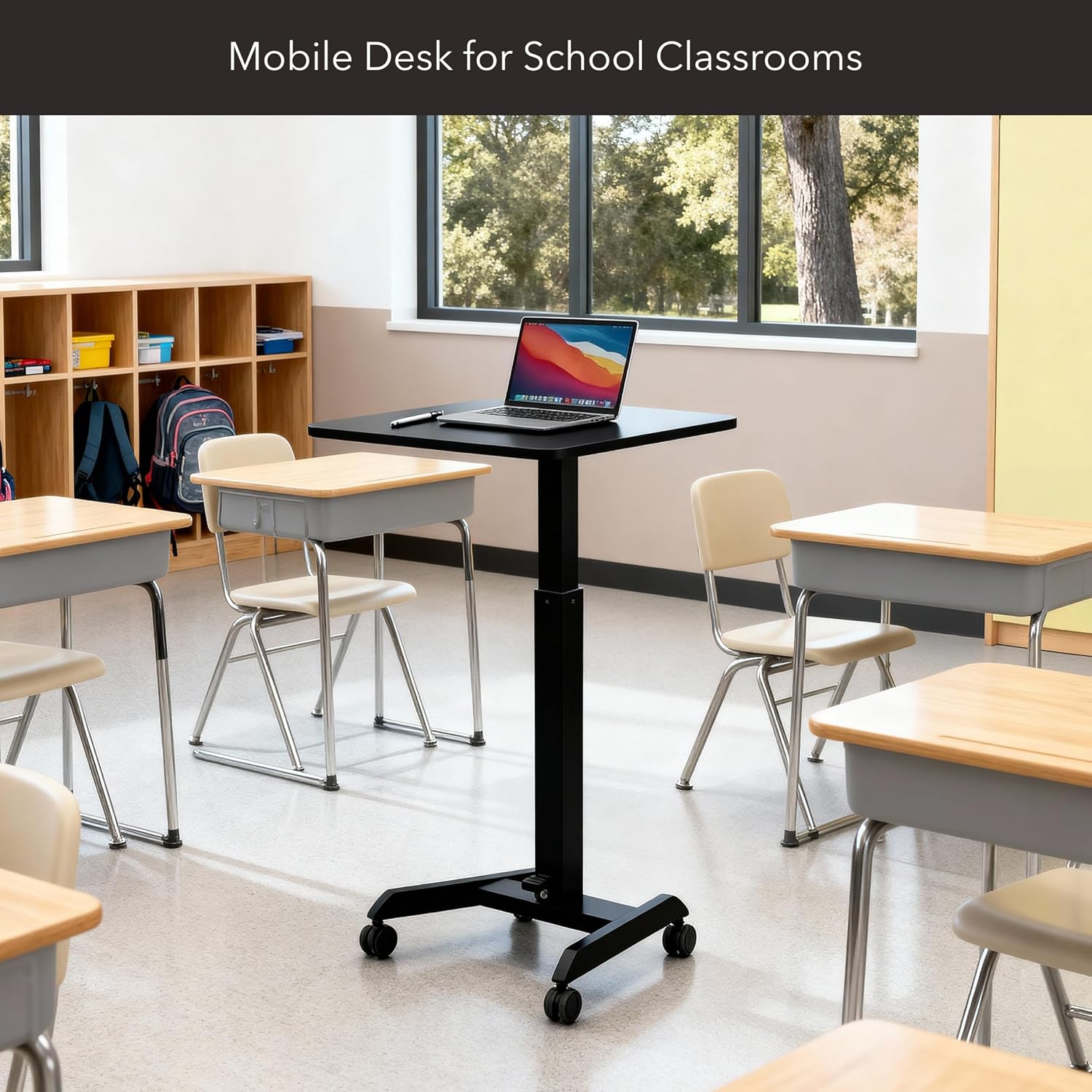 Mount-It! Rolling Laptop Desk Adjustable Height (29.6'-44.2'), Mobile Workstation Cart with 23.6' x 20.5' Desktop, Small Sit-Stand Desk for Home, Office, or Classroom in Black