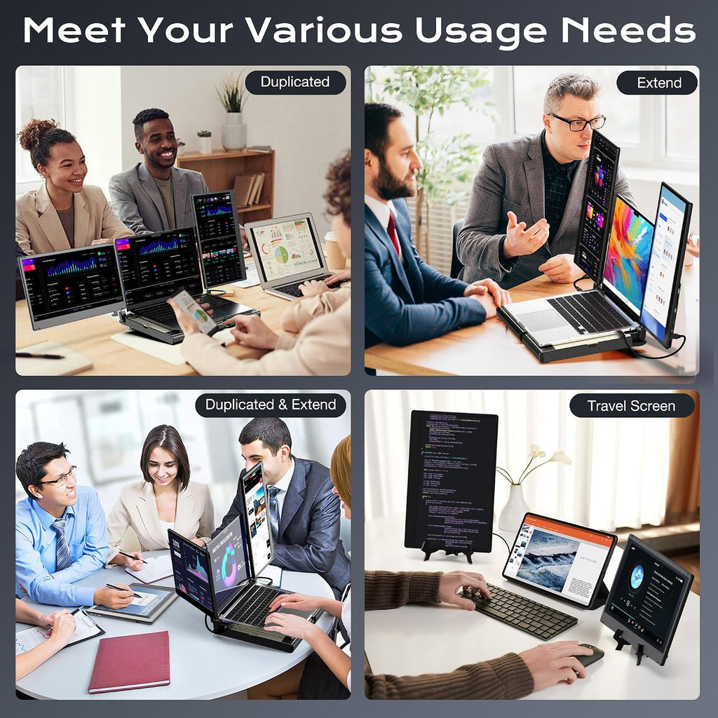 SMISEACOW Laptop Screen Extender F3, Triple Portable Monitor 14-inch 360 Degrees Rotation with Stand, IPS FHD 1080P Workstation for Windows/Mac/Linux/Chrome Compatible with Notebook/Mini PC