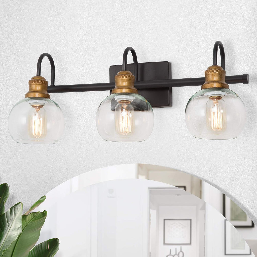 LALUZ Bathroom Light Fixtures, Vanity Lights with Oil Rubbed Bronze Finish, Antique Gold Socket, Clear Glass Shade, 22.5'' L x 7'' W x 9'' H