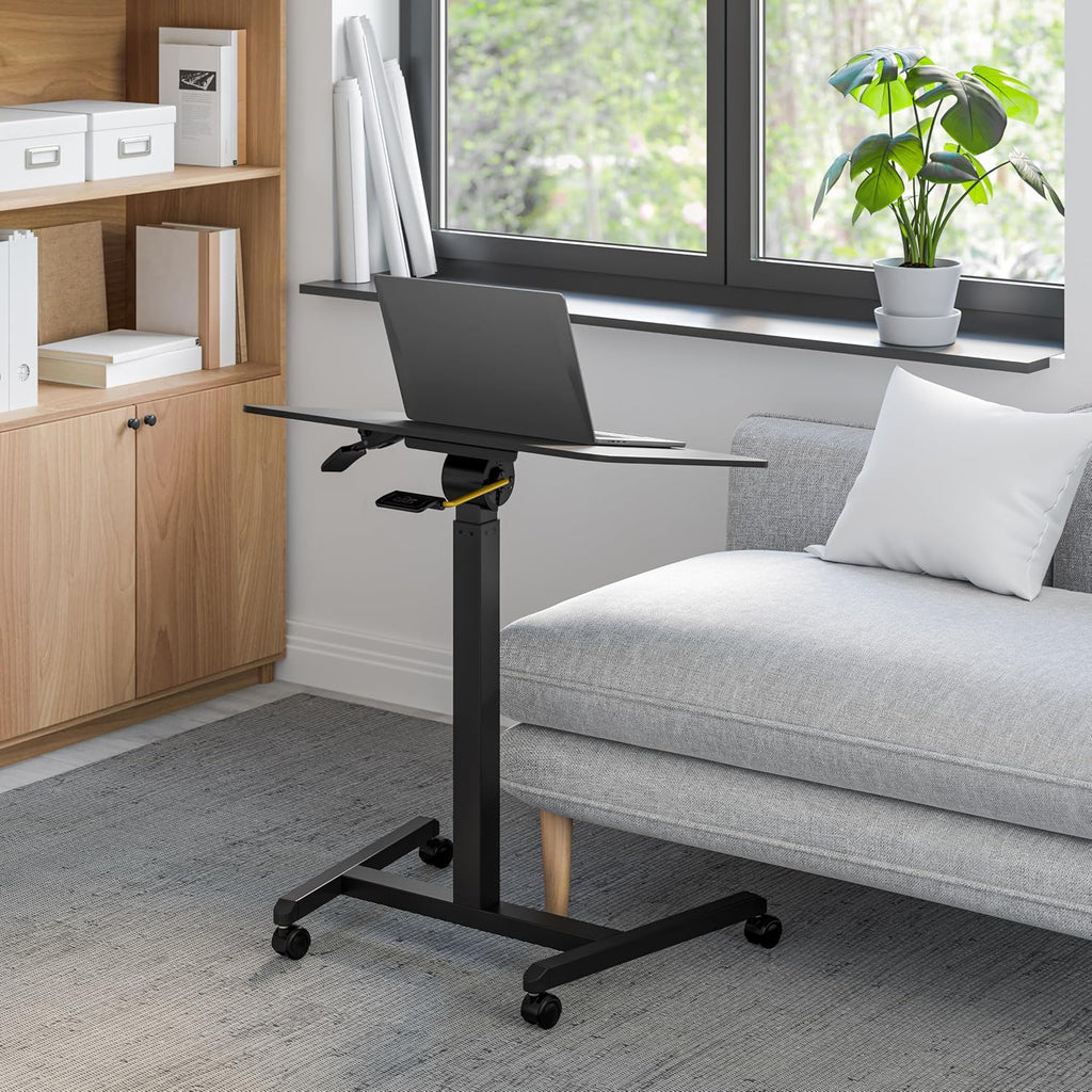 Seville Classics Airlift Height Adjustable Pneumatic Laptop Sit Stand Desk Mobile Rolling Cart, Computer Workstation for Home Office, Classroom, Black, 25.6' Tilting Desktop