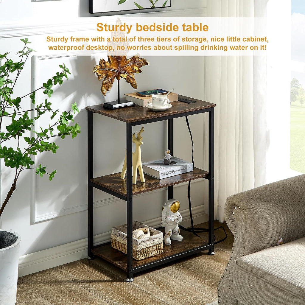 VECELO Tall End Table with Charging Station, Side Table with USB Ports and Outlets, 30' Height Nightstand with 3-Tier Storage Shelf for Living Room Bedroom Office Hallway Study
