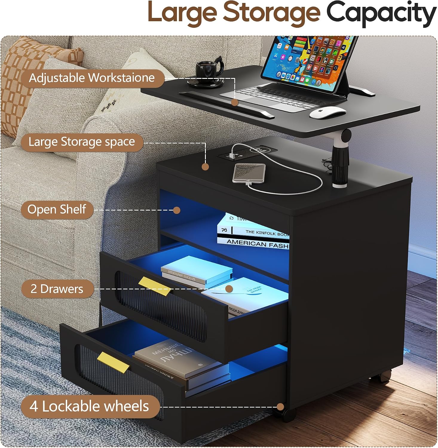 Height Adjustable Nightstand with Charging Station - Swivel Top Bedside Table with LED Lights, Auto Sensor Smart End Table, Dorm Rolling Side Table Laptop Workstaion with Wheels for Bedroom (Black)
