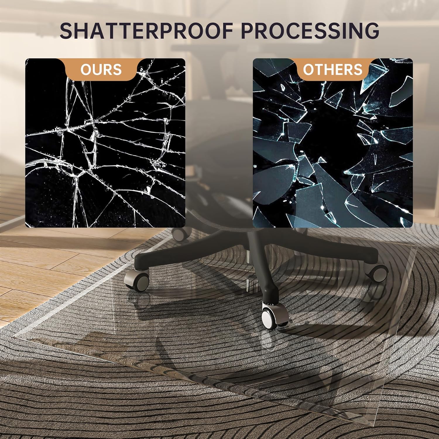 55'x46' Beveled Edge Tempered Glass Chair Mat, 5MM Thick, 1000Lbs Weight Capacity, Clear Ultra-Smooth, Suitable for Hardwood Floors & Carpet, Anti-Scratch Anti-Yellow, Home Office Use