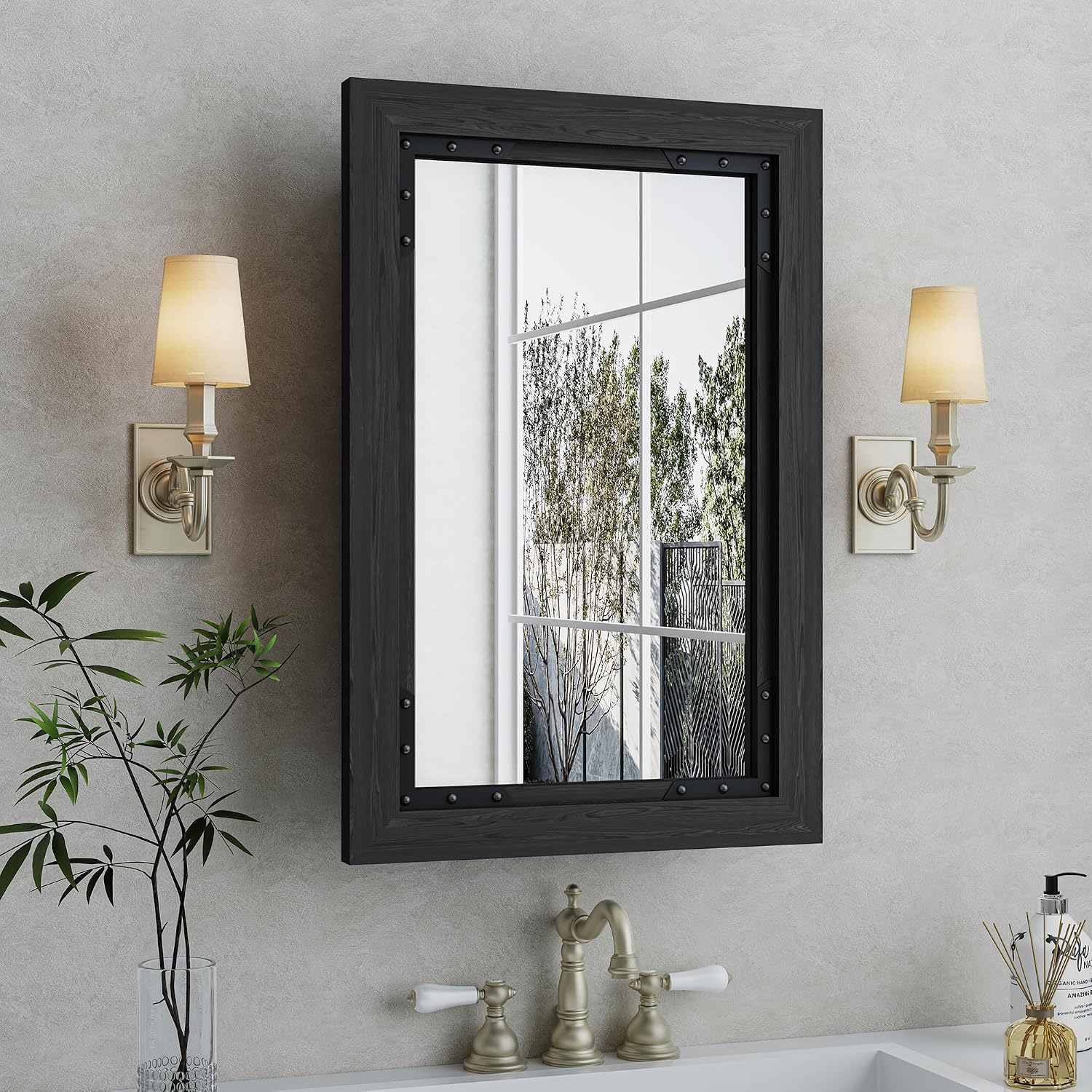 FLYJOE Medicine Cabinet Mirror 24 x 36 Inch Farmhouse Bathroom Mirror Door Solid Wood Storage Cabinet with Adjustable Shelves, Wall Mounted for Bathroom Living Room, Black
