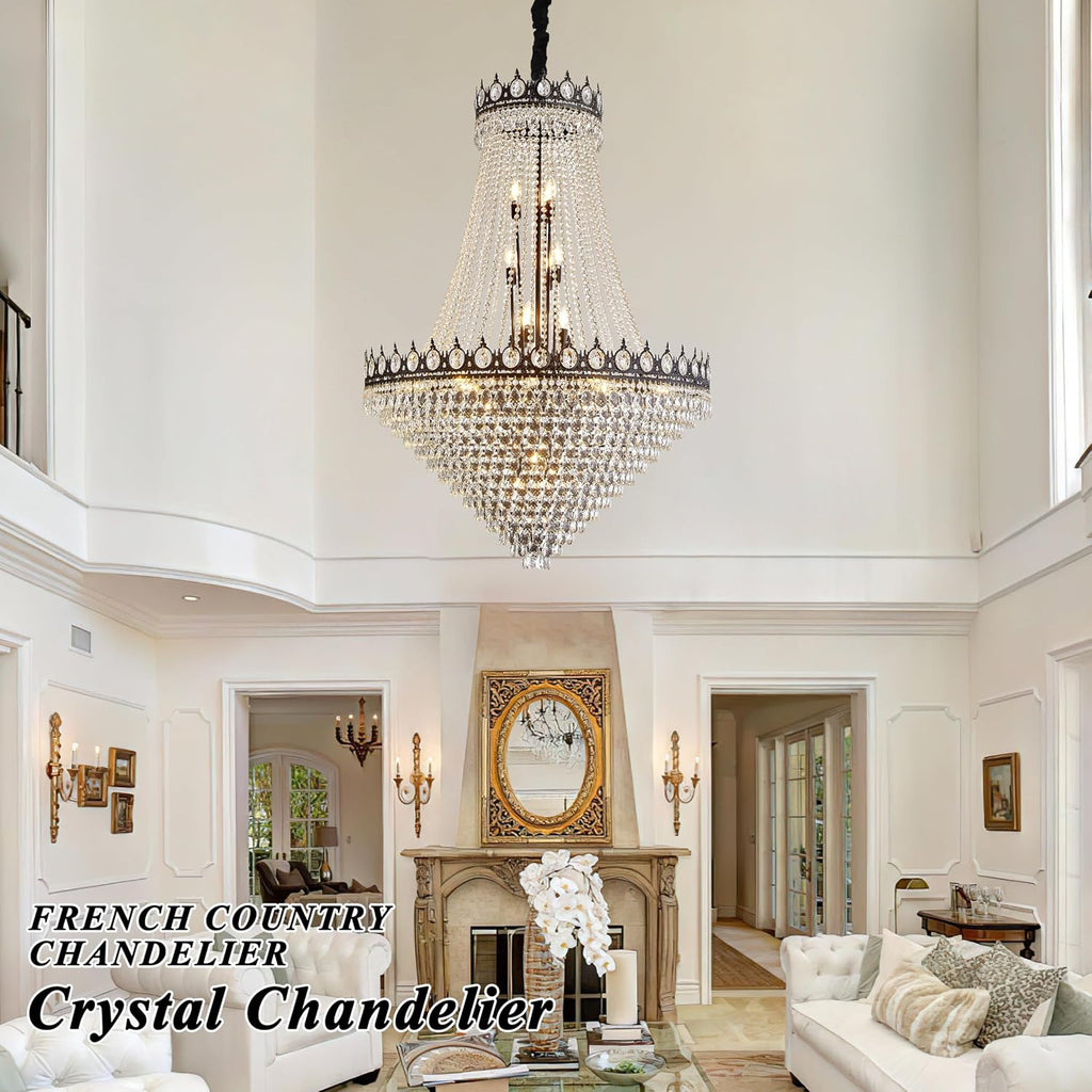 KoKo&Yukina 32' French Empire Crystals Chandelier 26 Light Black Crystal Chandeliers Modern Black Crystal Chandelier Round Large High Ceiling Sloped Hanging Light Fixtures for Hallway Staircase