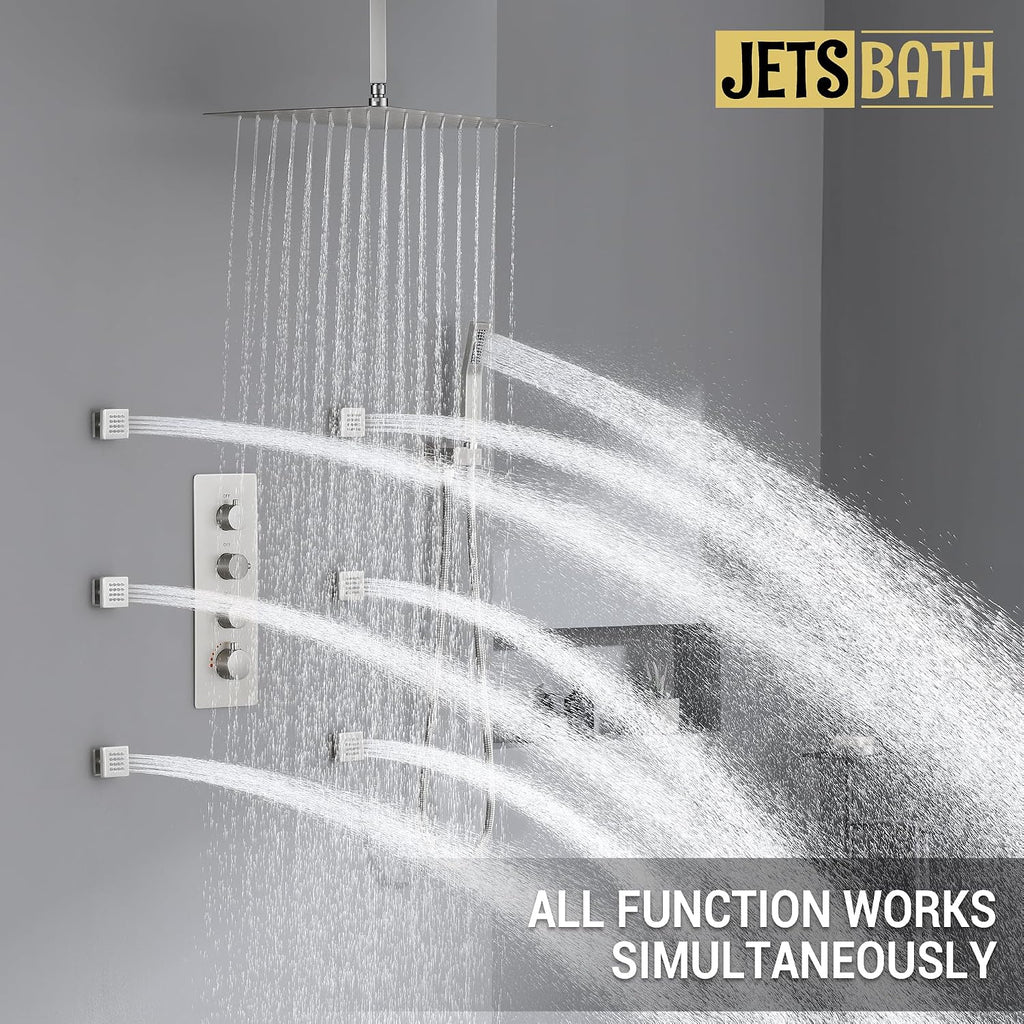 Thermostatic Shower System with 6 Body Jets & 16-Inch Ceiling Rainfall Shower Head Luxury Full Body Brushed Nickel Shower Faucet with Handheld Sprayer, Shower Fixtures Set with Valve and Trim