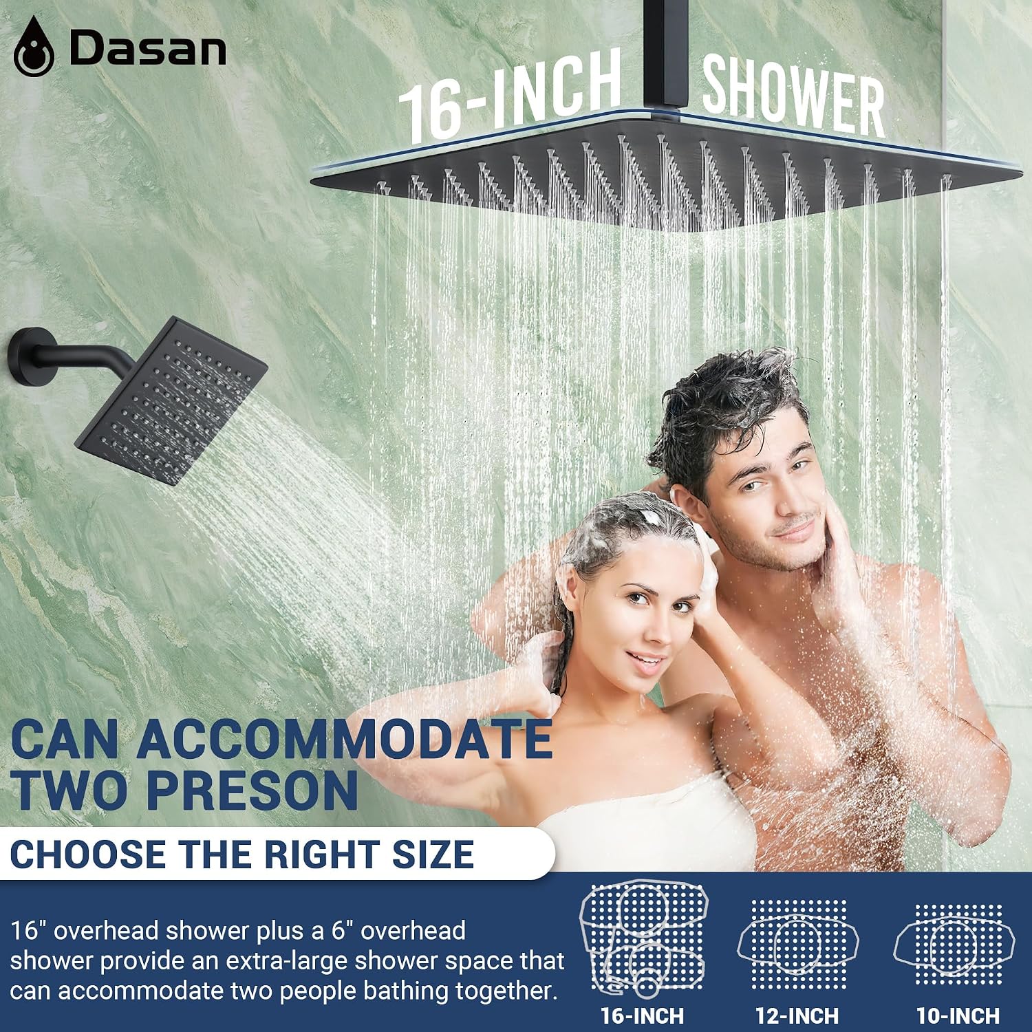 Dasan Thermostatic Dual Shower Head System with 6 Body Jets, 6-Inch Shower Head & 16' Rainfall Shower, Luxury Matte Black Shower Faucet Set Rain Shower Head System for Couples/ 2-Person