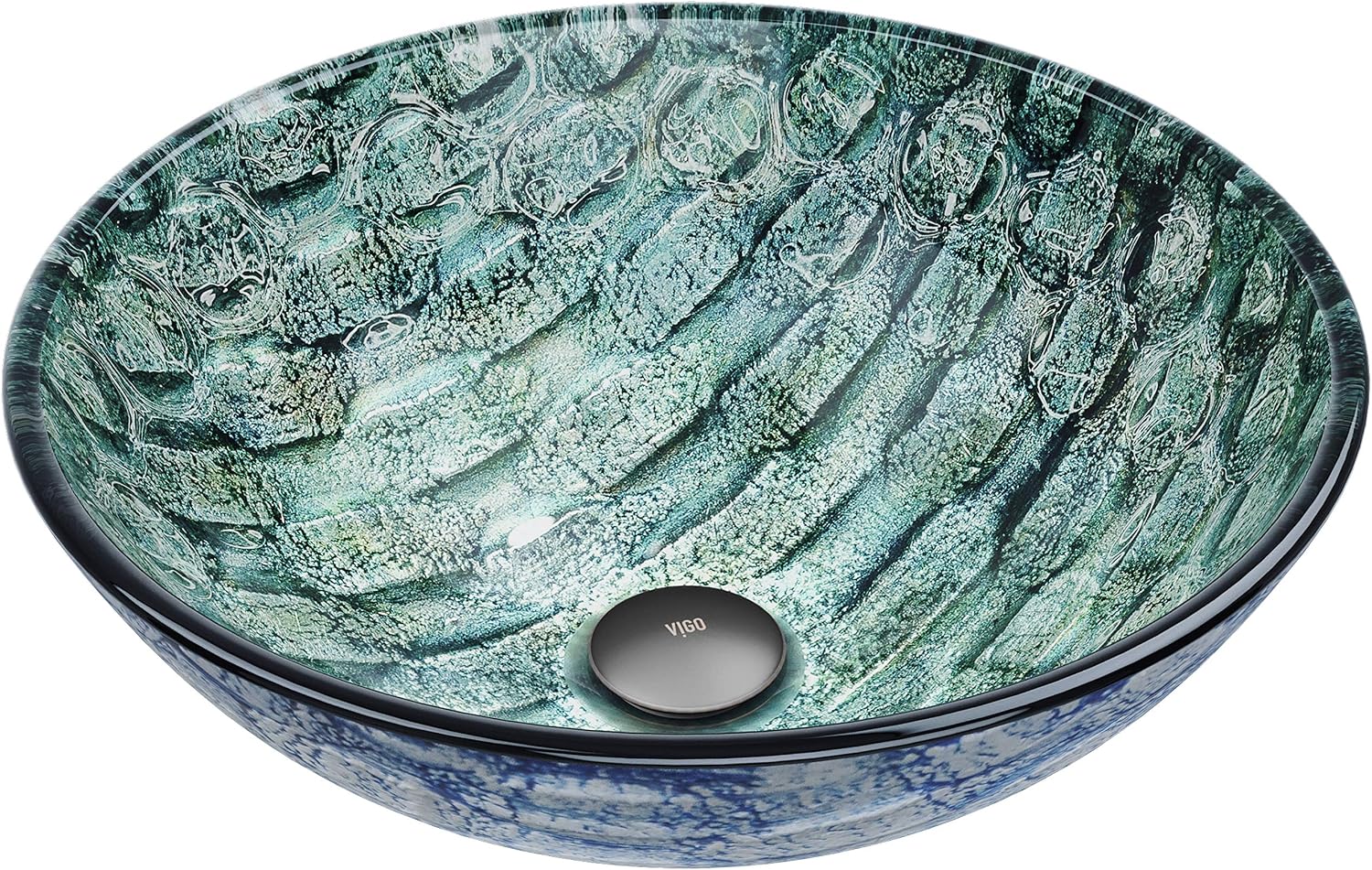 Vigo Vessel Sink Oceania Blue - 17' Artistic Round Bowl Sink for Bathrooms, Tempered Glass Above Counter Bathroom Sink with NonStickShield, QuickDrain & TempGuard, Modern Luxury Design