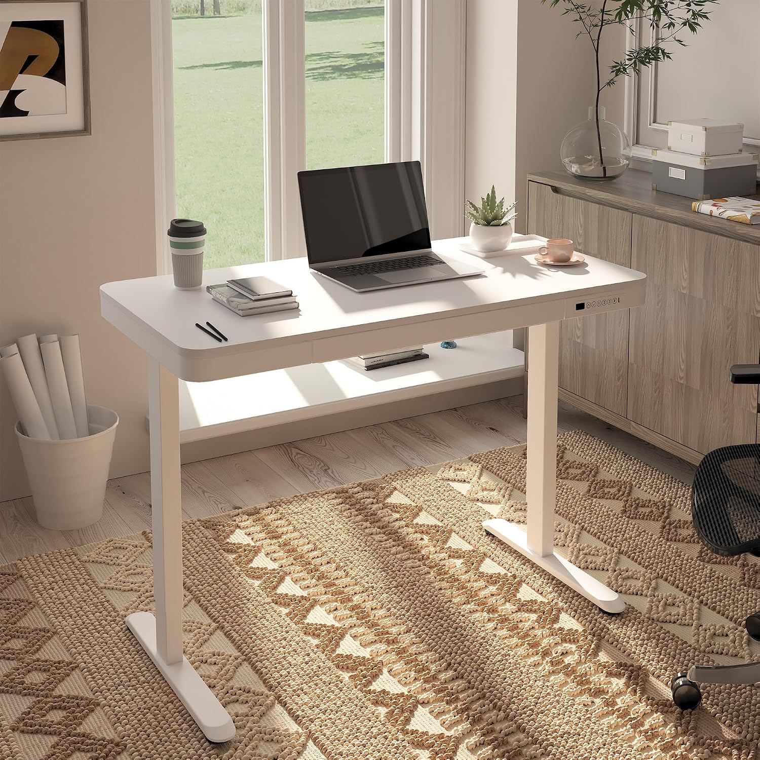 FLEXISPOT Comhar Electric Standing Desk with Drawers Charging USB A to C Port, Height Adjustable 48' Whole-Piece Home Office Computer Laptop Table with Storage (White Top + Frame)