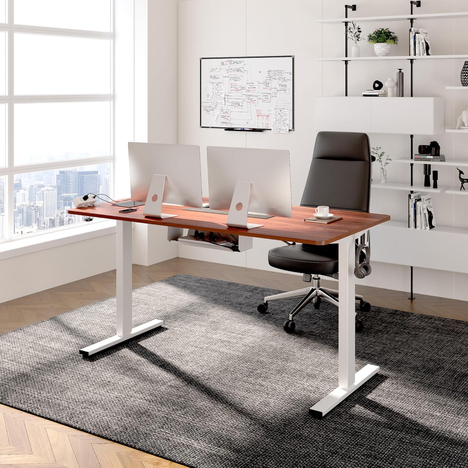FLEXISPOT EN2 Whole-Piece Standing Desk with Clamp Power Strip, 48 x 24 Electric Stand Up Height Adjustable Desk with Cable Management (White Frame + 48' Mahogany Desktop, 2 Packages)
