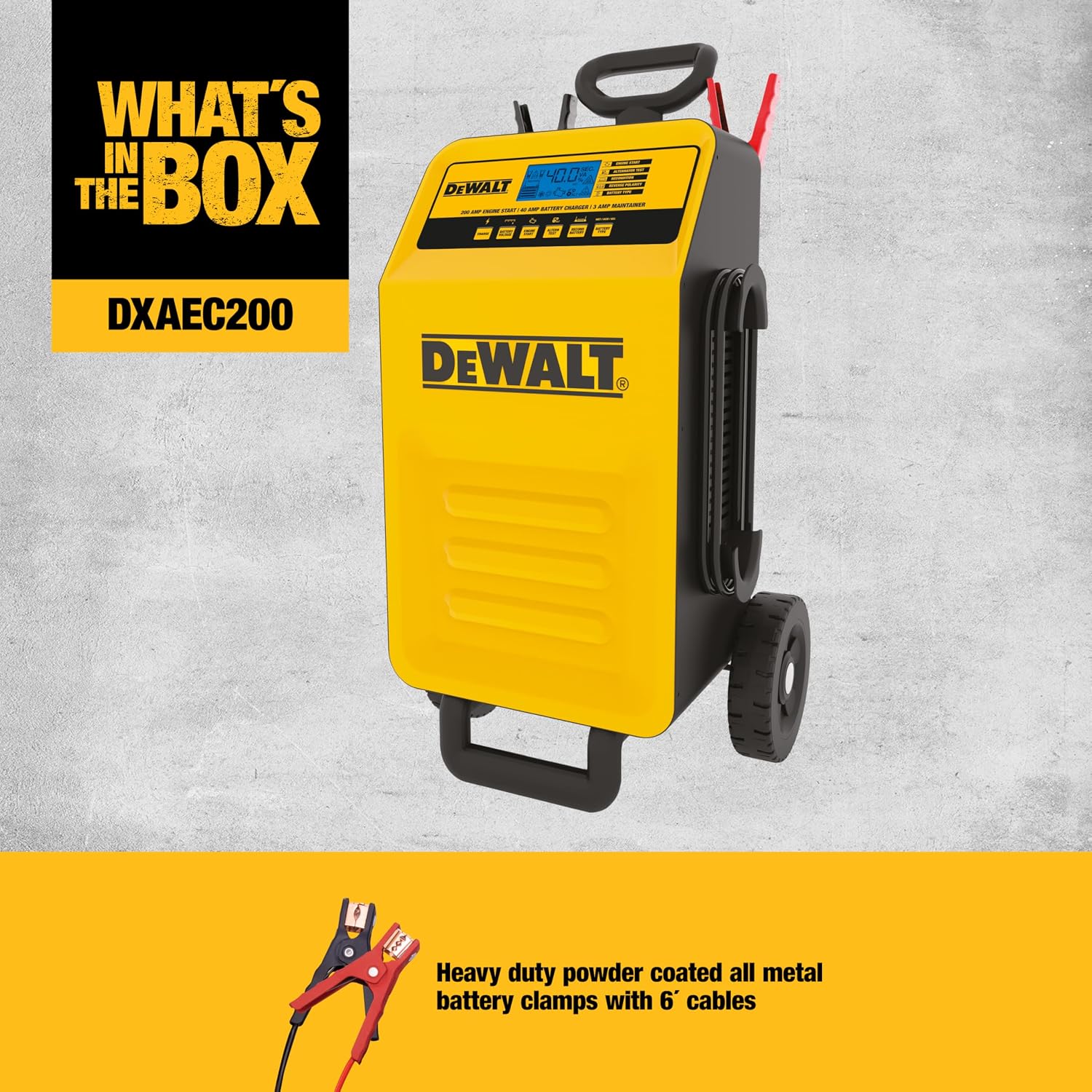DeWalt DXAEC200 Professional Rolling 40 Amp Battery Charger, 3 Amp Maintainer with 200 Amp Engine Start