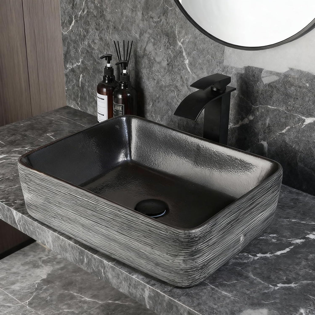 Black Vessel Sink Rectangle 18'x14' Bathroom Sink Above Counter Porcelain Ceramic Small Sink Bowl Ceramic Vessel Sinks with Waterfall Faucet and Pop-up Drain for Bathrooms