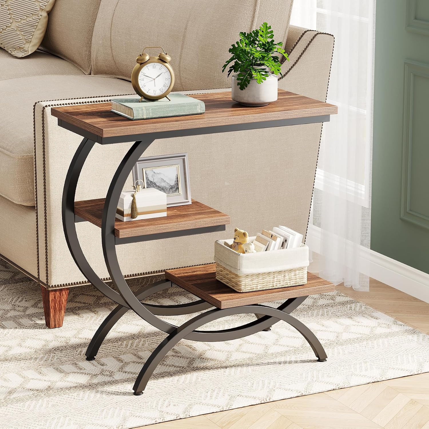 Tribesigns C-Shaped End Table Set of 2, Industrial 3-Tier Small Side Table for Couch, Wood Bedside Table Snack Side Table with Storage Shelves for Living Room Small Space, Rustic Brown
